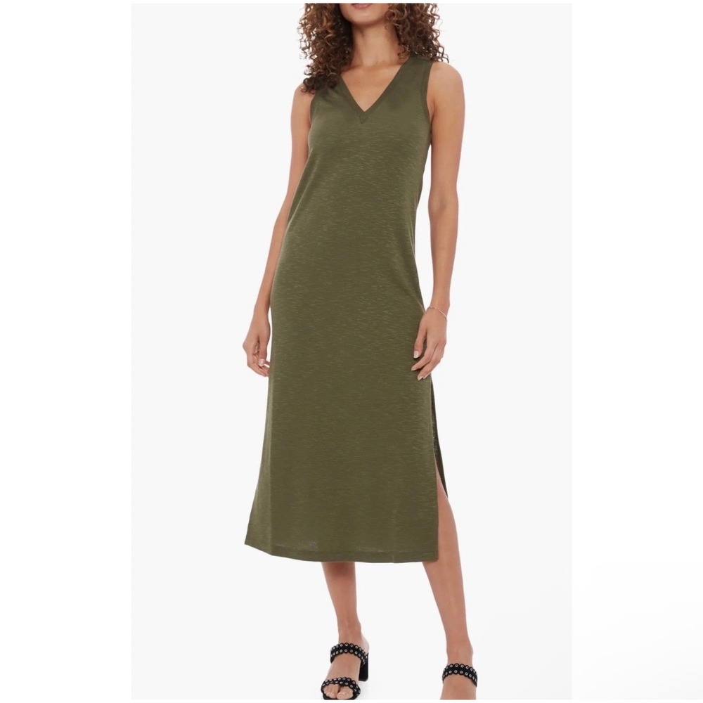 Paige Sage Sleeveless Knit Midi Dress Olive Green Small V-Neck Minimalist Casual